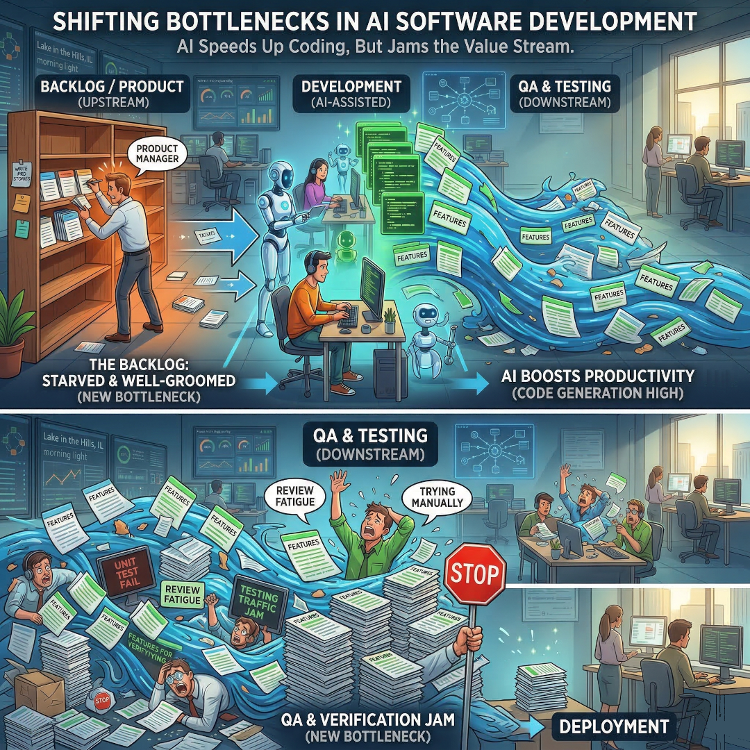 Shifting bottlenecks in AI software development. AI speeds up coding but jams the value stream: a starved backlog upstream, AI-assisted development in the middle, and a QA and verification jam before deployment.